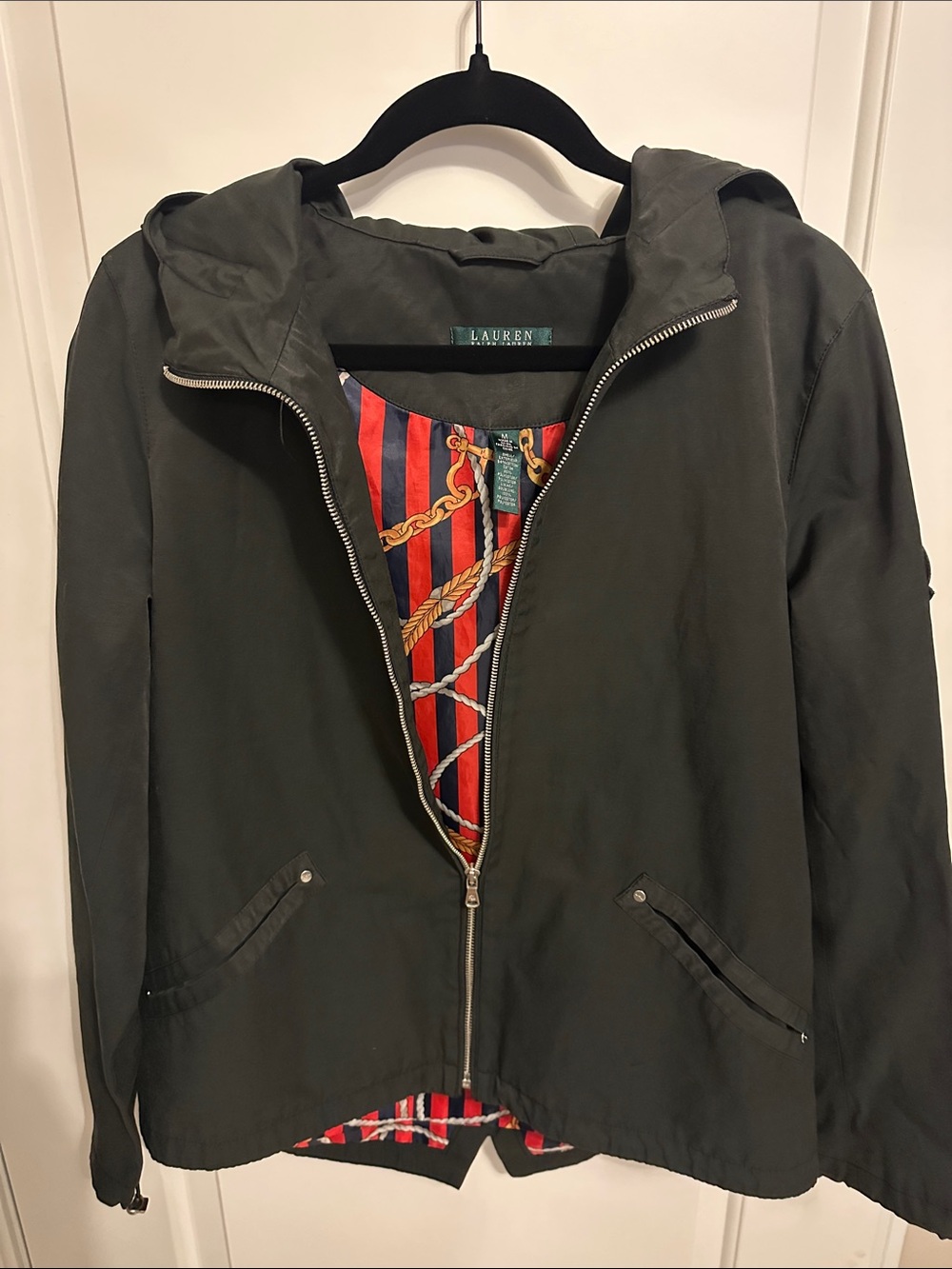 Lauren Ralph Lauren Black Hooded Zip-Up Jacket with Striped Lining